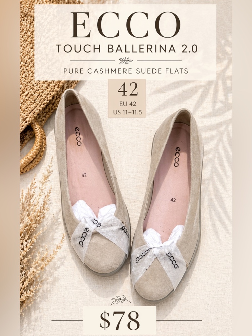 ECCO Touch Ballerina 2.0 Suede Flats Pure Cashmere Size 42 US 11